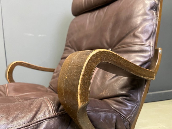 Image 1 of Fauteuil vintage scandinave en cuir et bois courbé, années 1970