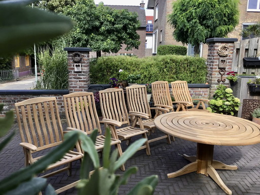 Alexander Rose Roble  Bengal ronde tuintafel met 6 verstelbare roble tuinstoelen incl mooie nw zitkussens en sierkussens