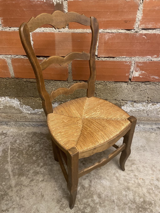 Chaise Provençale Ancienne Bois + Assise Paille Tressé Vintage #D393