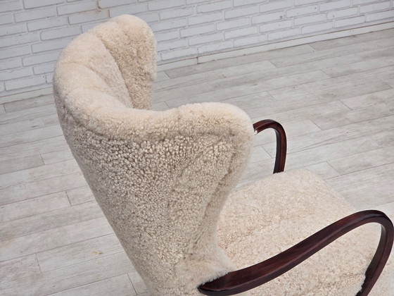1960s, Danish high-back armchair, genuine sheepskin, reupholstered. – Wood (photo 14 of 22)