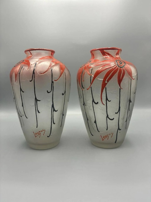 Pair of Legras Vases – Red Floral Enameled Glass – Art Deco – glazen karaffen