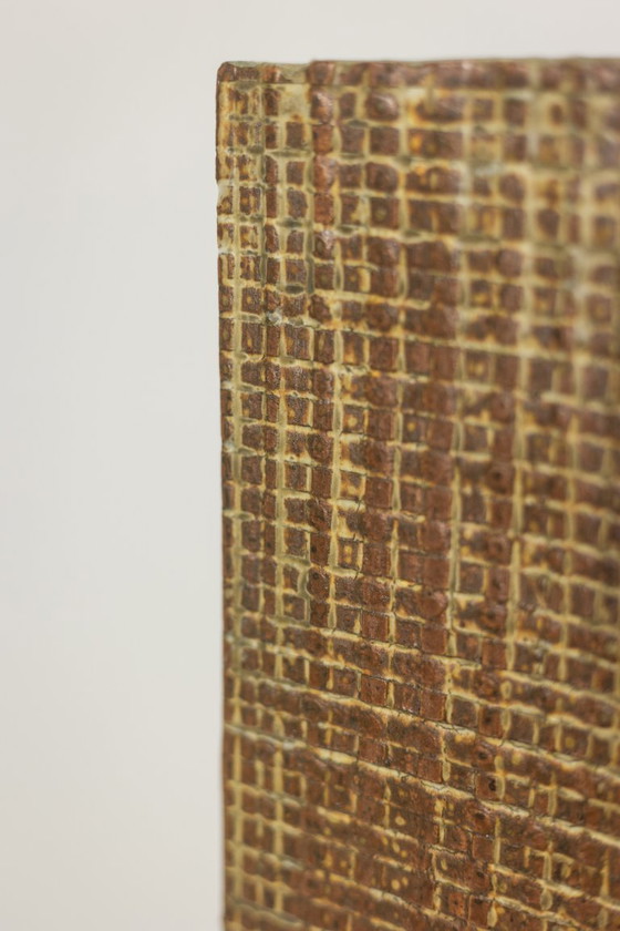 Image 1 of Brutalist style stoneware vase with plant decoration. Year 1977.