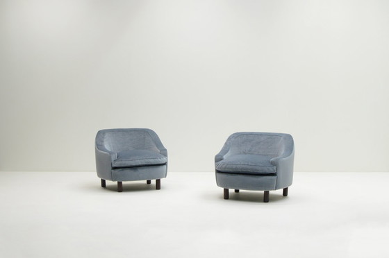 Image 1 of Set of 2 ice blue Mohair lounge chairs, 1950s Italy.