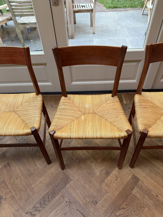 Image 1 of Set van 4 Scandinavische vintage stoelen van teakhout en stro, 1960 