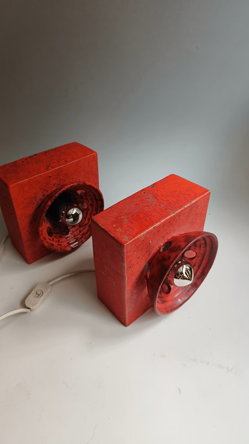 2 brutalist fat lava wester-germany 1970s pottery orange wall lamps
