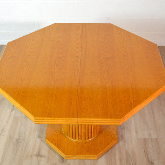 Image 1 of Octagonal dining table with wood and bamboo extension leaf 1980s