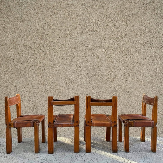 Set di 4 sedie di Pierre Chapo, 1960, Sedie da pranzo, Pelle, Marrone (foto 4 di 12)