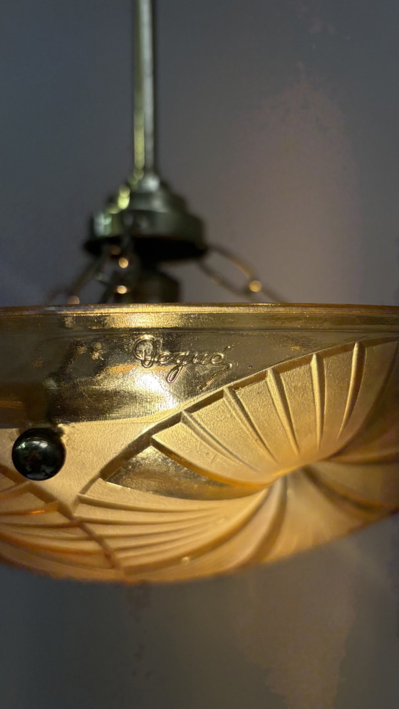 Image 1 of Hubens & Degué ceiling lamp chandelier Art Deco amber colored glass