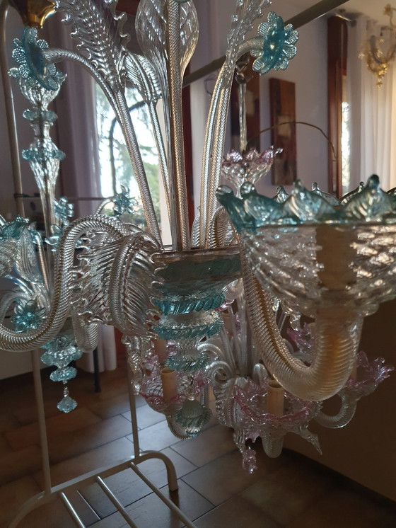 Image 1 of Lámpara de araña de tres brazos de cristal y cristal de Murano azul