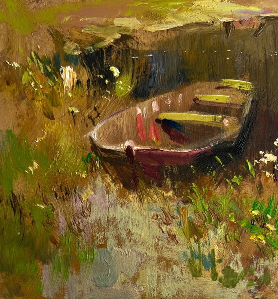 Image 1 of Original Oil Painting Autumn Lake Landscape Preparing for a boat trip