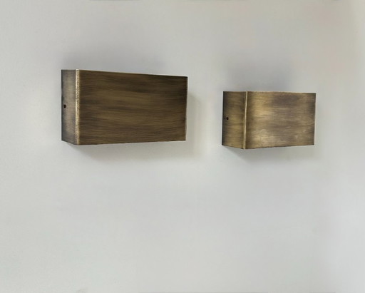 Pair of vintage wall lights, patinated brushed brass, France, 1970