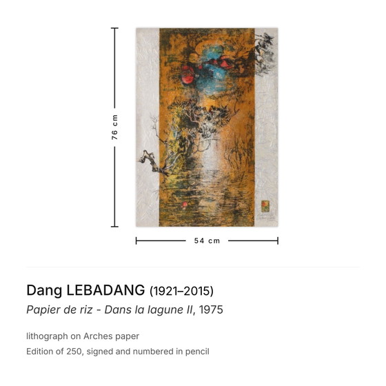 Dang LEBADANG ondertekende lithografie Papier De Riz - Dans La Lagune II 1975 – Litho's & Zeefdrukken, Paper (photo 3 of 5)