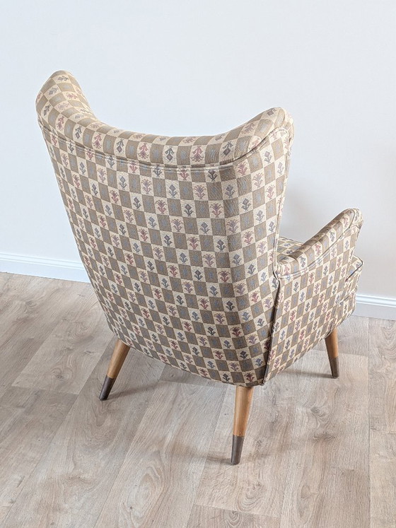Vintage 1950s Belgian Wingback Armchair – Original Graphic Upholstery & Compass Legs – Brass, Wood (photo 9 of 12)