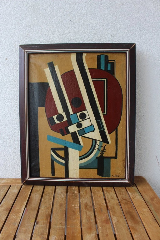 Composition mécanique abstraite vintage – Peinture à l'huile de style géométrique audacieux signée F. Léger