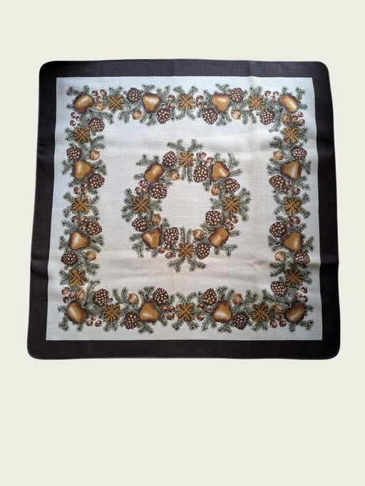 Rare nappe vintage en jute des années 70-80 – motifs automne et Noël – 3 pièces
