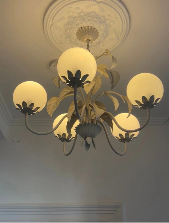 Rarity! Original Art Nouveau Pendant Lamp, Opal Glass with Leaf Motif, 1920 – Brass (photo 3 of 7)