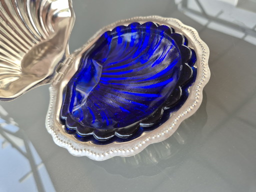 Vintage Stainless Steel Shell Dish with Cobalt Blue Glass Insert – Caviar or Butter Server