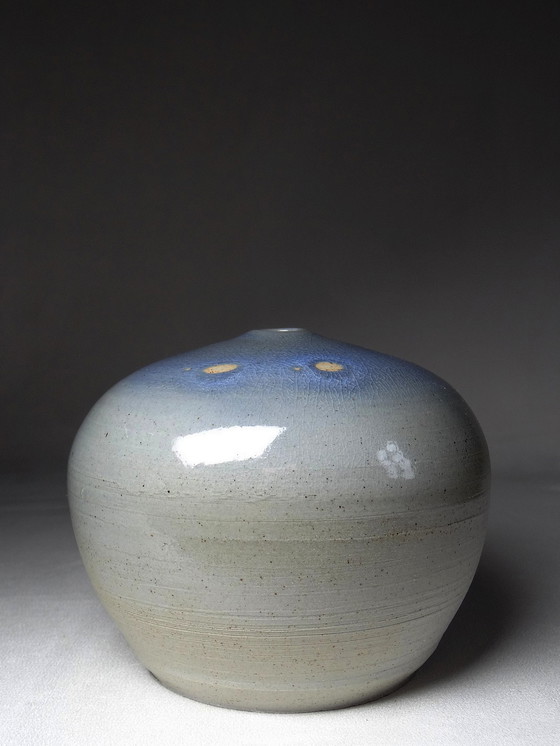 Image 1 of Hand-Turned Contemporary Blue Glazed Stoneware Small Ball Vase Signed Mlm