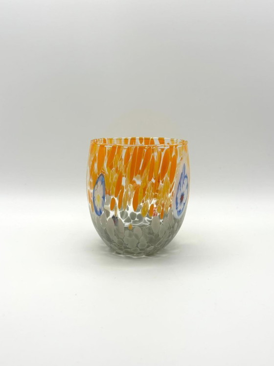 Image 1 of Set van 6 Venetiaanse glazen van geblazen glas met Murano-effect (murrine) in het glas verwerkt, handgemaakt in Italië.