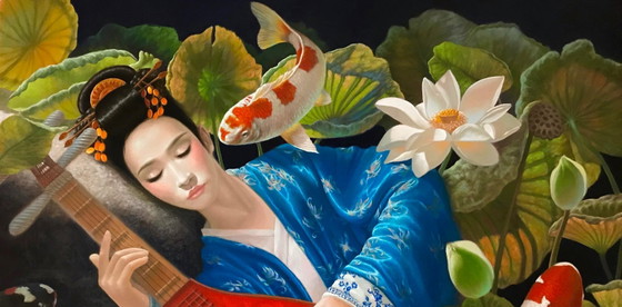 Original Oil Painting Surrealism Japanese Motif Thoughts for a Girl – Paintings & Drawings, Canvas (photo 7 of 8)