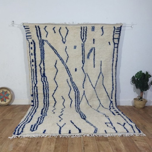 Large Handmade Berber Rug | Moroccan Cream Wool Rug with Blue Patterns