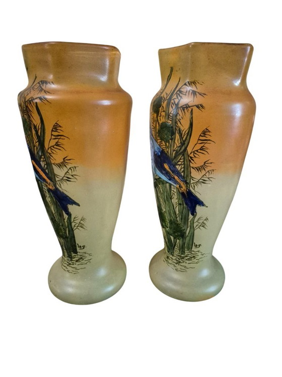 Pair of hand-painted Vases with bird motif, legras, Ceramic, Glass, Orange (photo 3 of 15)