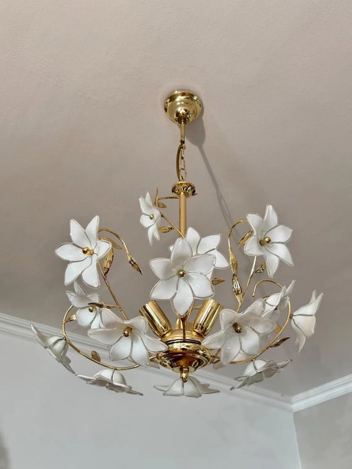Hollywood Regency Franco Luce Style Murano Chandelier, Italy, 1980s / Murano Chandelier / Vintage Chandelier / Murano Flower Cha