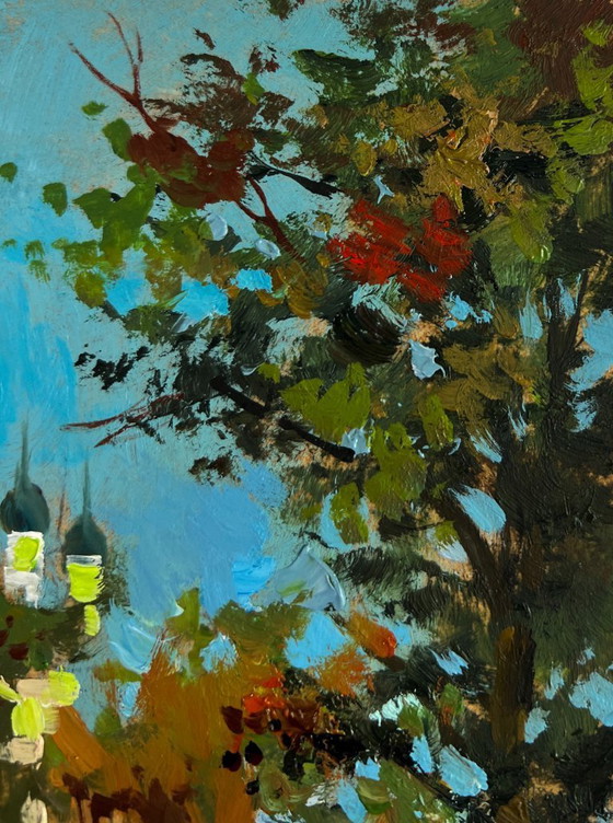 Image 1 of Original Oil Painting Summer Church Landscape Towers of the monastery