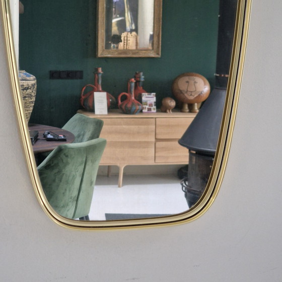 Image 1 of Vintage Mirror from 50s / 60s: Elongated Mirror with Brass Frame, Retro Wall Mirror, Gold Frame, German