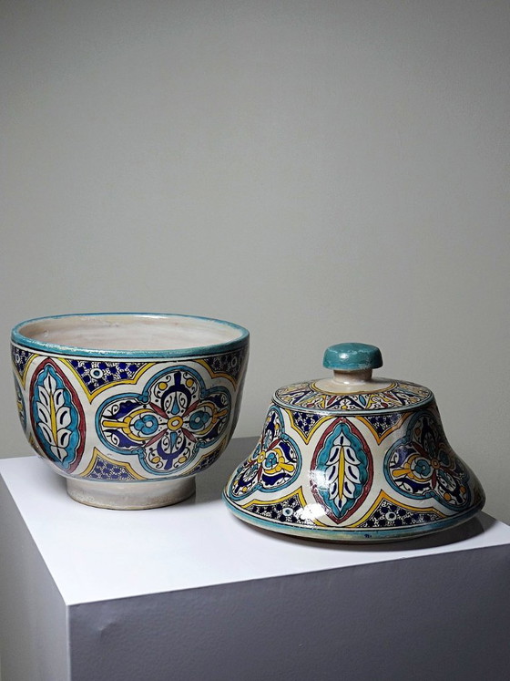 Grote oude Fes Jobbana van polychroom faience, Marokko 20e eeuw – Vintage, Decoratieve objecten, Ceramic (photo 4 of 15)