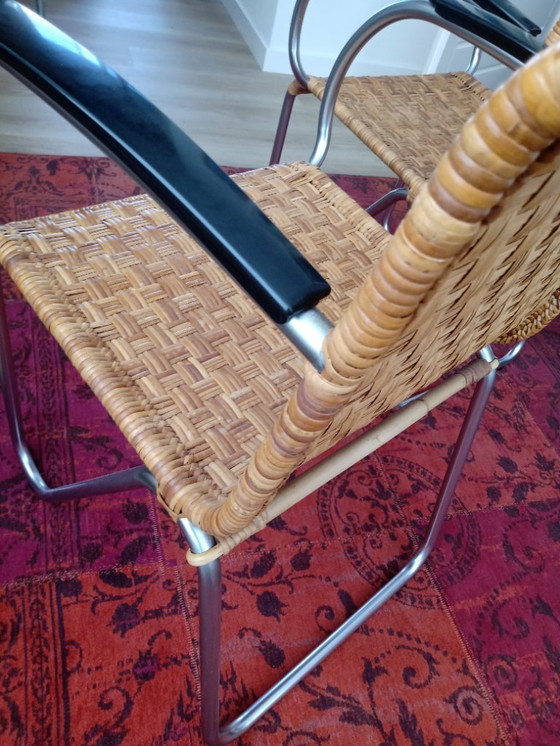Image 1 of 2x2 Silla Gispen de mimbre con cromo mate, modelo 2a (2 juegos de 2)