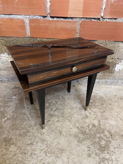 Chevet Ancien Table Nuit Tiroir Bois de Macassar Milieu XXeme Vintage #D369