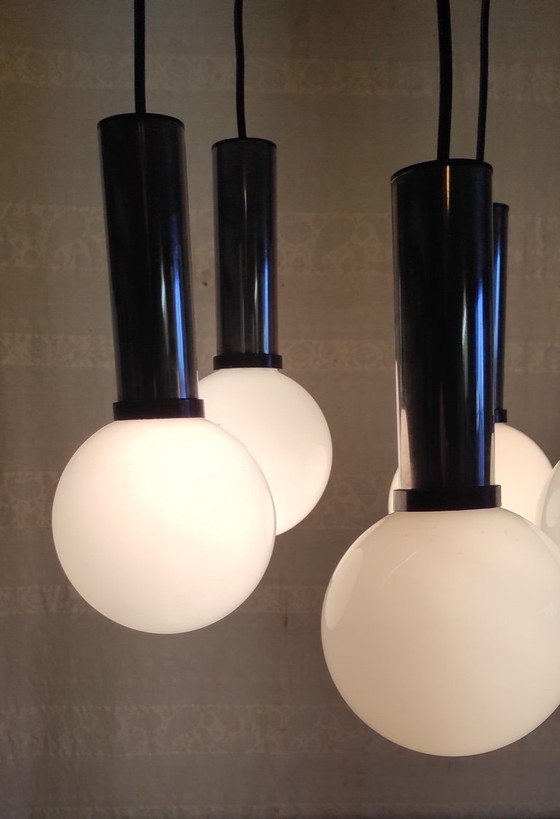 Image 1 of 5-Light Cascading Pendant Light in Chromed Metal and Opaline Glass Globe - 1960s/70s
