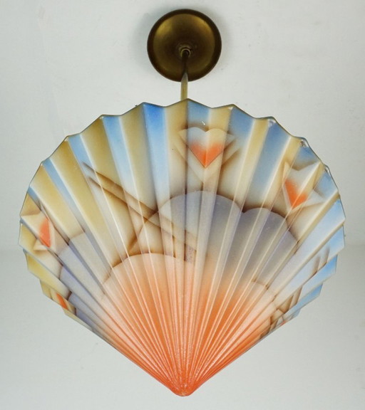 art déco glass PENDANT LIGHT airbrush spritzdekor pleated shape 1920s 30s avantgarde design