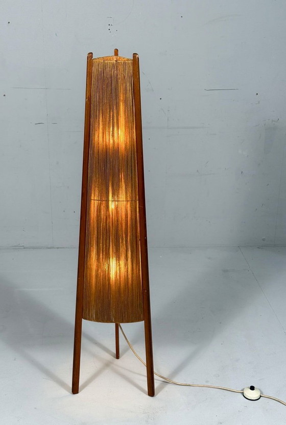 Image 1 of Lampada da terra di metà secolo, sisal/teak, Temde, Svizzera, anni '60