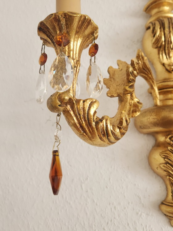 Hand-carved antique Florentine wall hanging with crystal pendants, gilded

with gold leaf, Baroque Rococo, (photo 7 of 15)