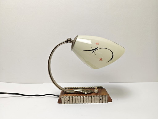 Vintage Mid Century Atomic Table Lamp / 1950s Desk Lamp with Painted Glass Shade / Retro Bedside Light, Wood & Metal Base, Atomi
