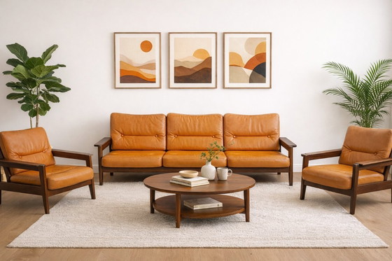 Image 1 of Mid Century Leder Sessel 1970er | Dänischer Vintage Lounge Chair aus Holz & orange Leder | Scandinavian Modern Armchair