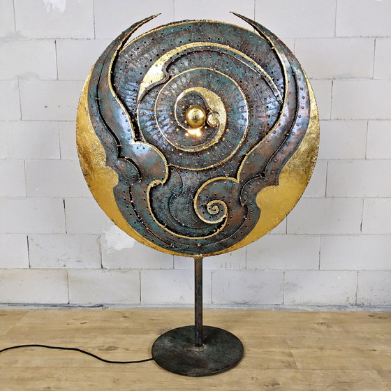 Image 1 of Unique large metal Thai art sculpture floor lamp with gold leaf accents / Chiang Mai / Chiang Rai Region