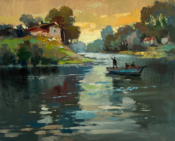 Image 1 of Original Oil Painting Evening River Landscape Love and the reflection of the sun