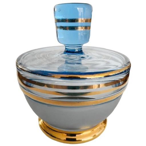 Art Deco jewelry box glass blue gold 1950's