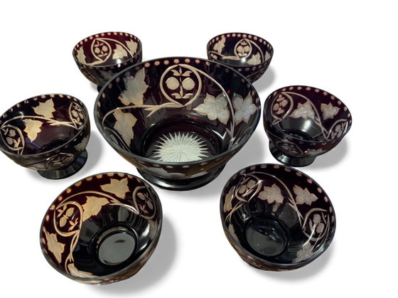 Image 1 of Bohemian crystal salad bowl set from the 1960s