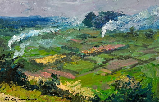 Dipinto a Olio Originale Paesaggio Naturale Campagna Estiva Campo Prato Fiorito