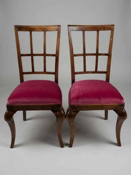 Sedie da pranzo e da salotto Art Déco vintage in velluto rosa scuro con struttura in legno, anni '30, set di 2