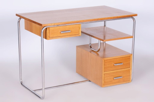 Escritorio Bauhaus restaurado, roble, acero cromado, Alemania, década de 1930. – bureau, Metal, Wood