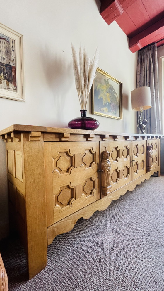Brutalist Set, Solid Oak Sideboard, Cabinet, Dining Table, 6 Chairs, Hand Carved Priest Mission Style (photo 2 of 15)