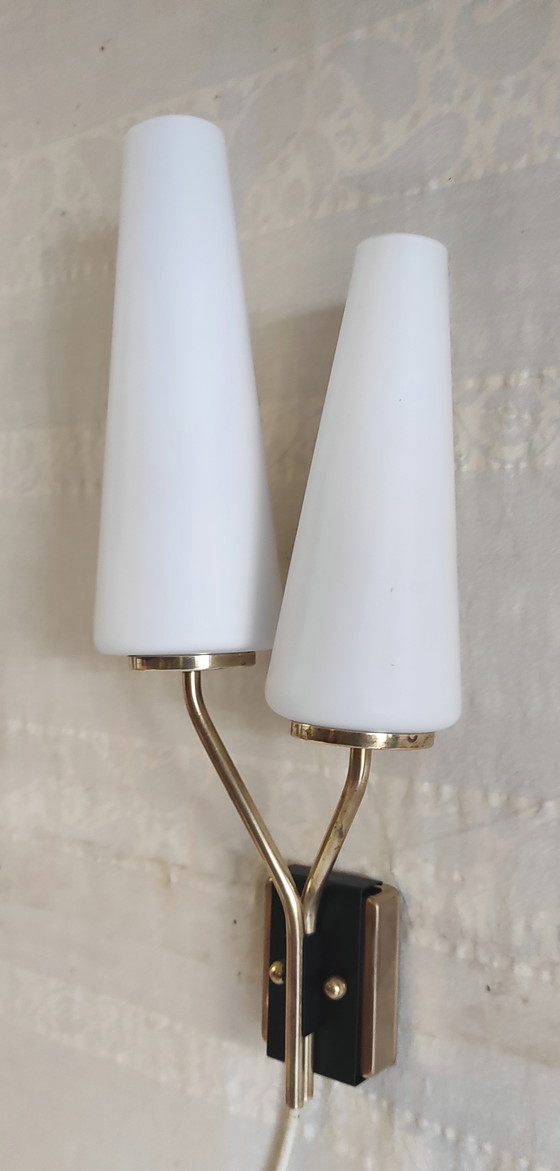 Image 1 of Asymmetrical double wall sconces in brass, metal and opaline glass - mid-20th century