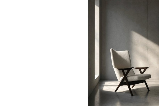 Image 1 of Poltrona alta vintage in teak e tessuto bouclé bianco, stile moderno norvegese di metà secolo, anni '60.