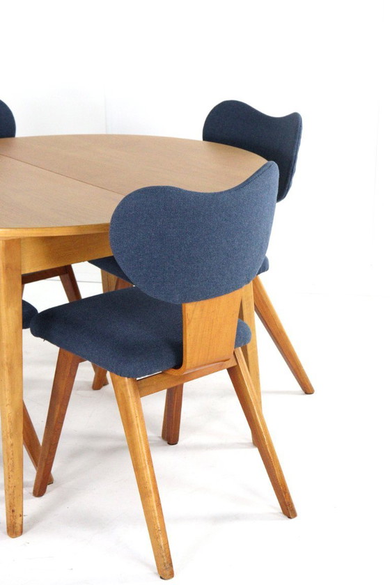 Image 1 of Beech dining set round dining table + 4 vintage dining chairs in the style of Pastoe