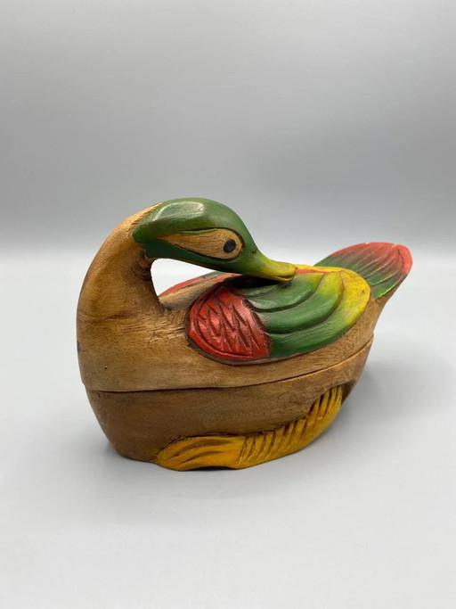 Ambachtelijk handbeschilderde, uit hout gesneden doos in de vorm van een wilde eend – decoratieve objecten, Wood, Vintage